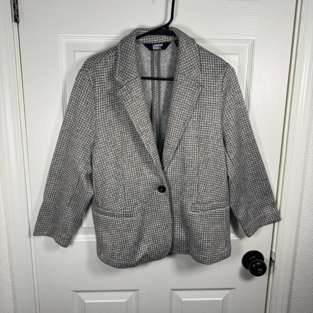 Lands' End Women's Gray and‎ White Houndstooth Blazer